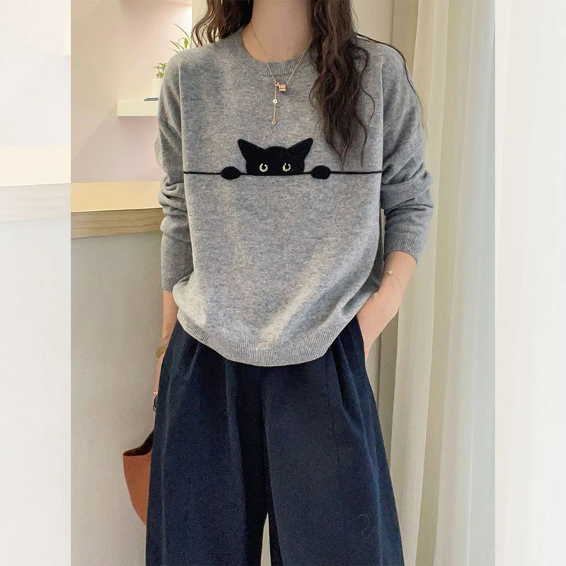 灰色简约卡通猫咪提花圆领毛衣女秋冬新款宽松显瘦百搭针织衫上衣