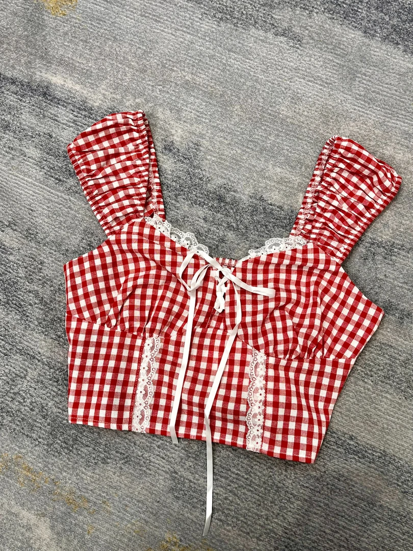【夏日少女】红色格子蝴蝶结蕾丝边上衣