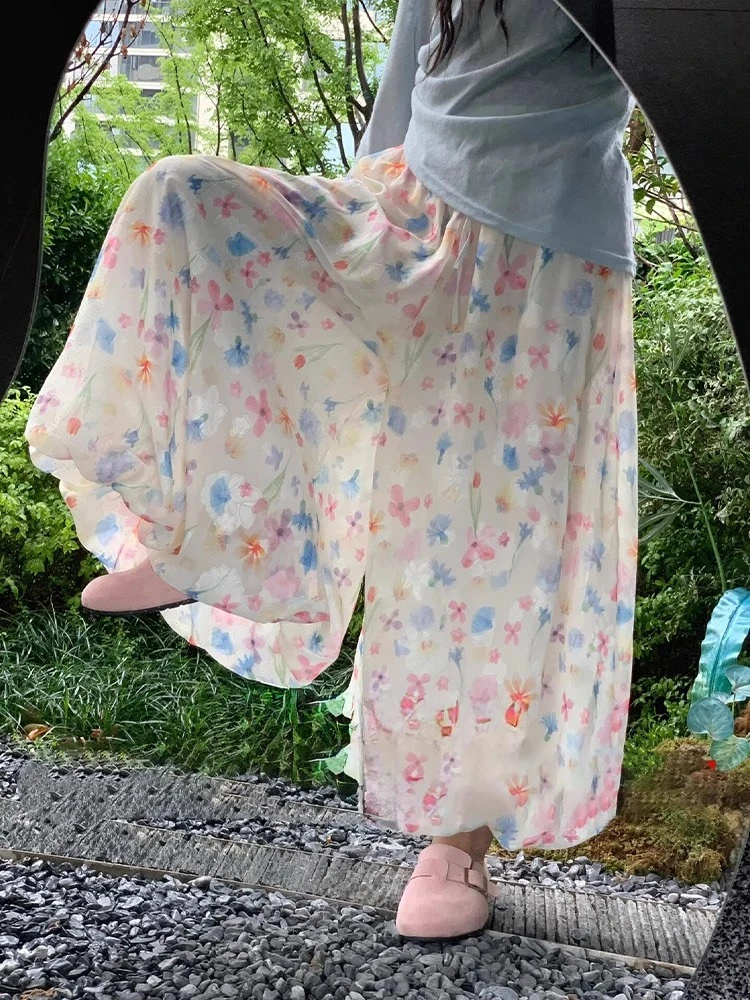 正品+运险碎花冰丝花苞裙裤女夏季高腰a字半身裙小个子垂感阔腿裤