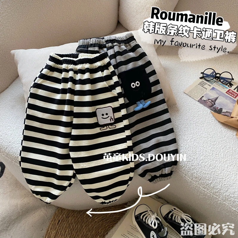 【麦麦妈】C207春秋中小童条纹卡通卫裤春季新品男女宝宝百搭长裤