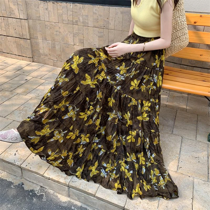 有口袋春夏季褶皱印花半身裙时尚减龄百搭中长裙女松紧腰大摆裙