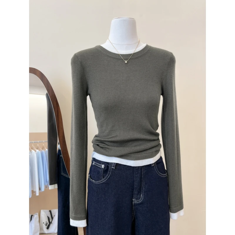 秋季女装2025新款爆款修身假两件针织衫网红时髦高级感打底衫上衣