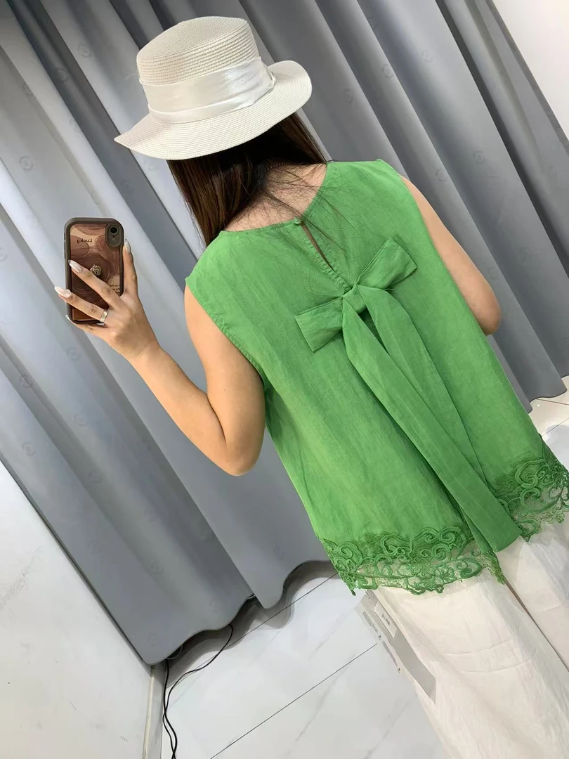 可米 夏季气质时尚百搭洋气后背蝴蝶结无袖蕾丝上衣 8757（衣长62）