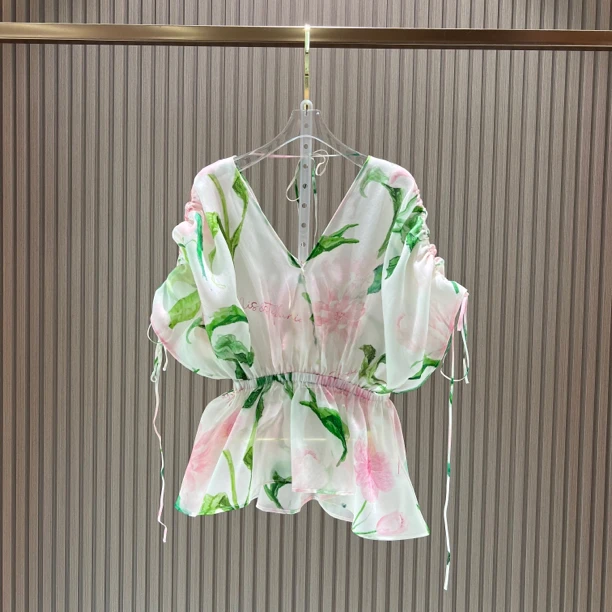 重磅欧根纱针丝双V领收腰衬衫