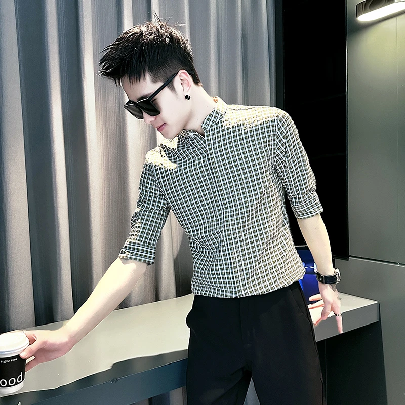 格子男士短袖衬衫2025新款新中式立领冰丝七分袖夏季薄款男装衬衣