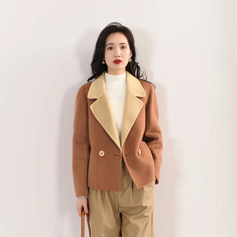 EKNR100%羊毛大衣女2025春季西装领短外套气质时尚高级感双面呢女