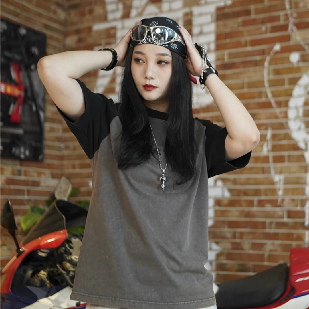 BNT8090复古拼色纯棉立体刺绣微宽松潮流百搭T恤