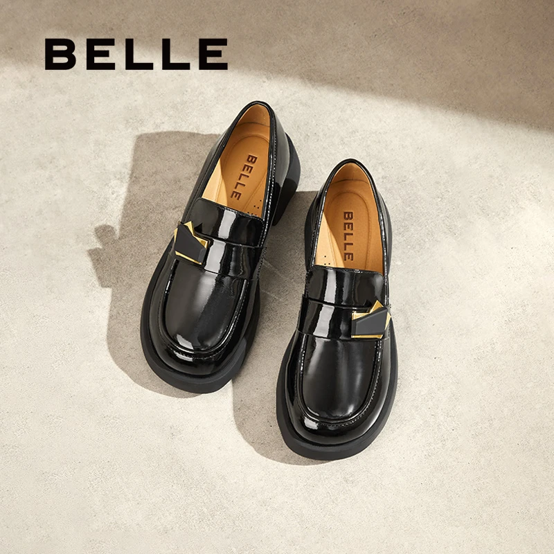 百丽百搭英伦风新款黑色饰扣厚底乐福鞋女平跟通勤单鞋B7X1DCA4