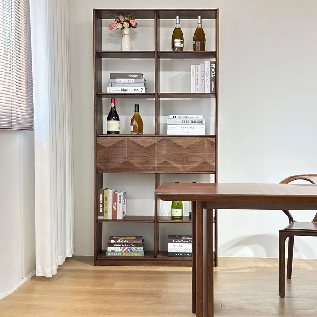 中意北美黑胡桃实木书架靠墙可移动落地格子柜客厅陈列架展示架