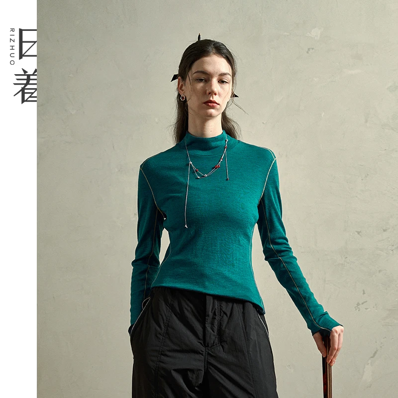 日着半高领长袖T恤2025秋季新款羊毛修身针织打底上衣女Z254080T0