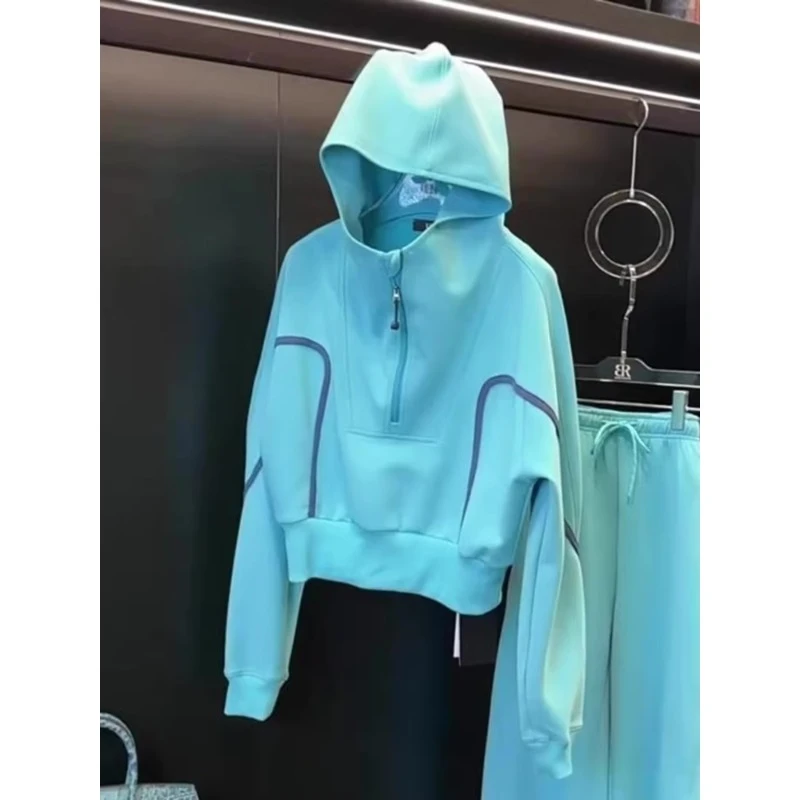 韩系酷飒减龄设计感蓝色半拉链连帽卫衣秋季宽松休闲时髦显瘦上衣