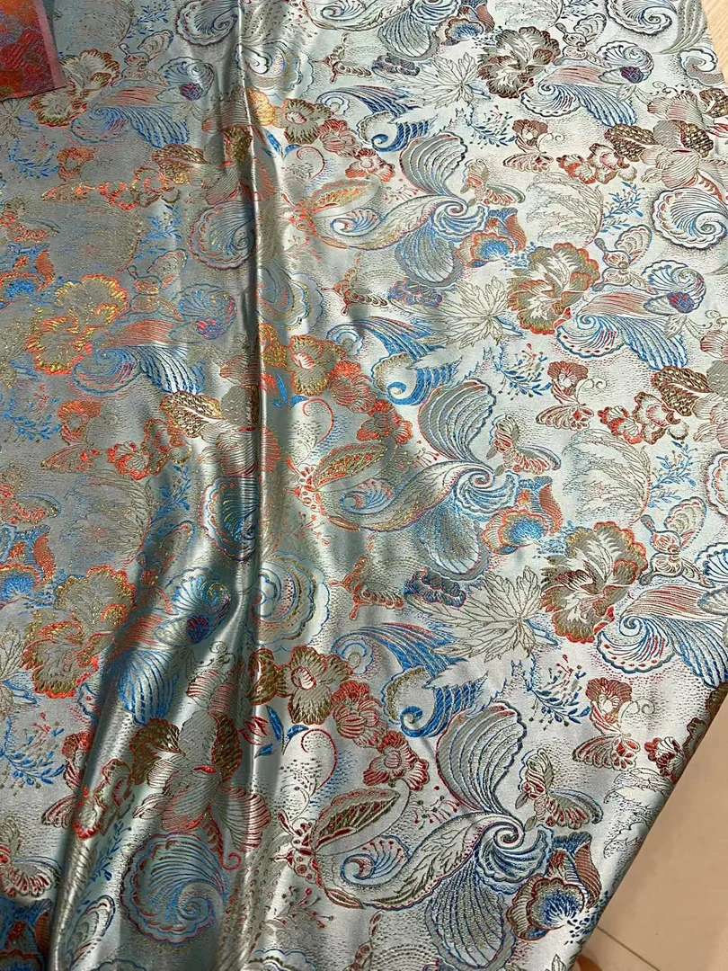 水蓝蝶恋花高密提花织锦缎布料面料藏袍蒙古袍马甲