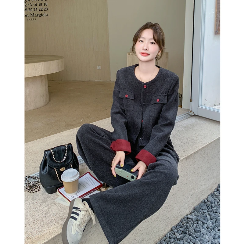 UQS小香风外套套装2025秋冬款洋气减龄毛呢外套阔腿裤两件套显瘦