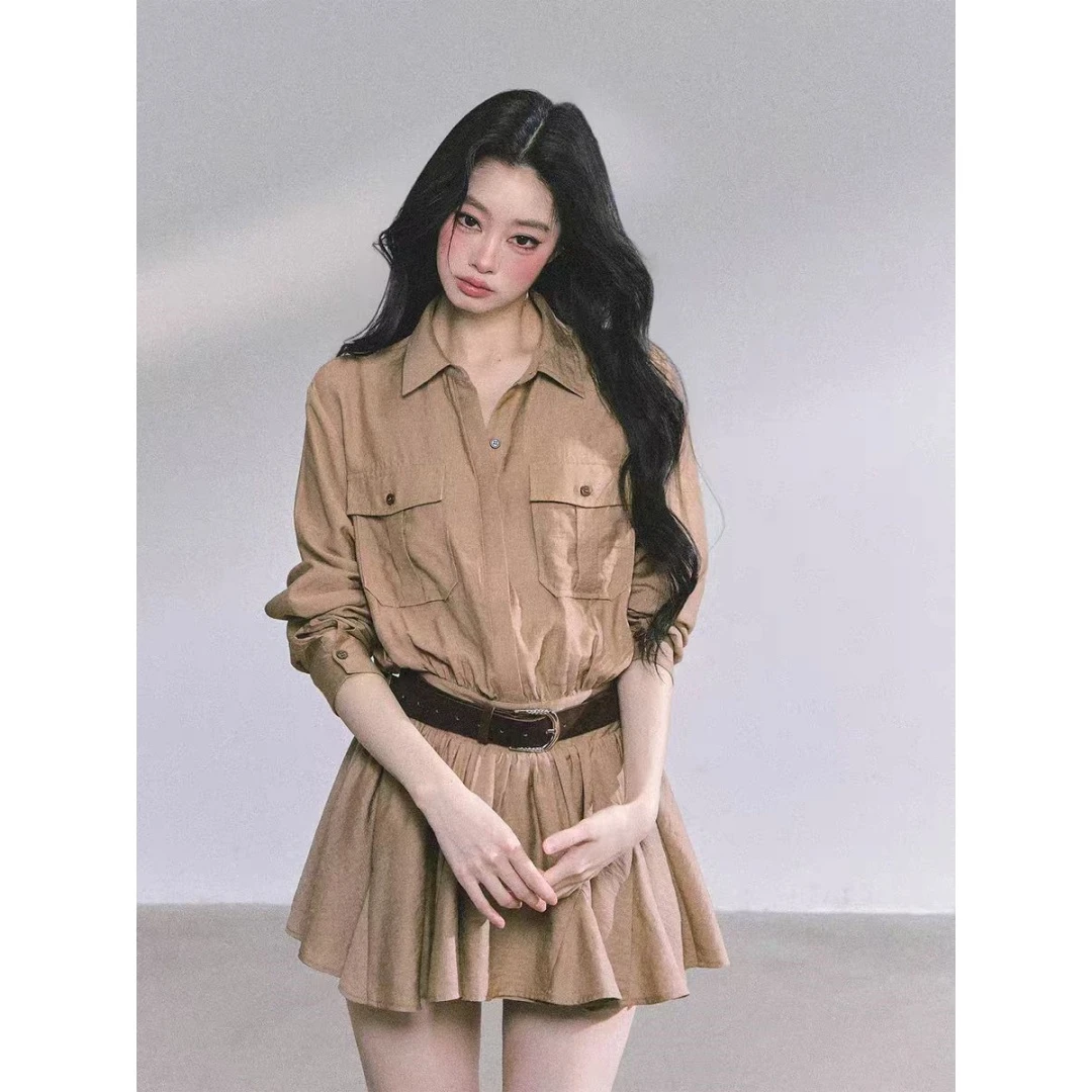 高智巴恩风高级感赫本风工装连衣裙收腰显瘦蓬蓬裙22668#