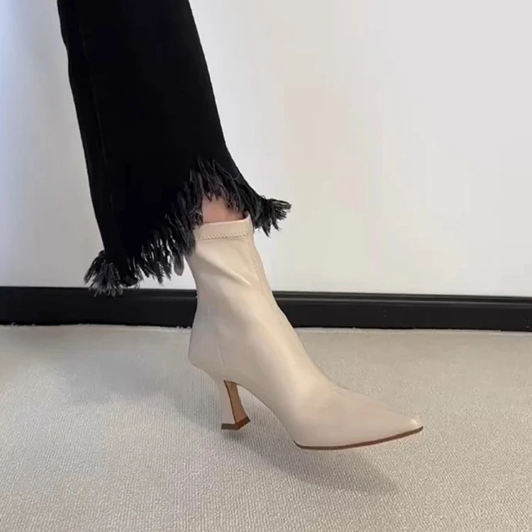 牛皮版~法式极简高跟瘦瘦靴女后拉链尖头气质优雅配大衣休闲短靴