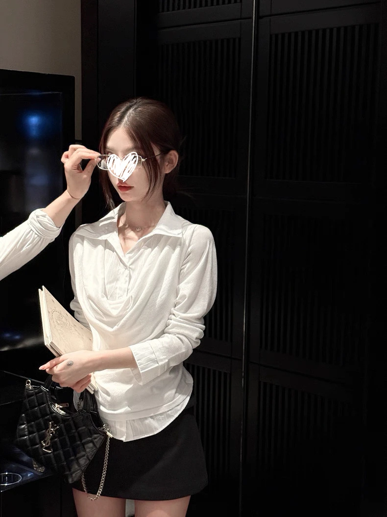 潇洒小姐/韩系通勤荡领假两件针织衬衫上衣