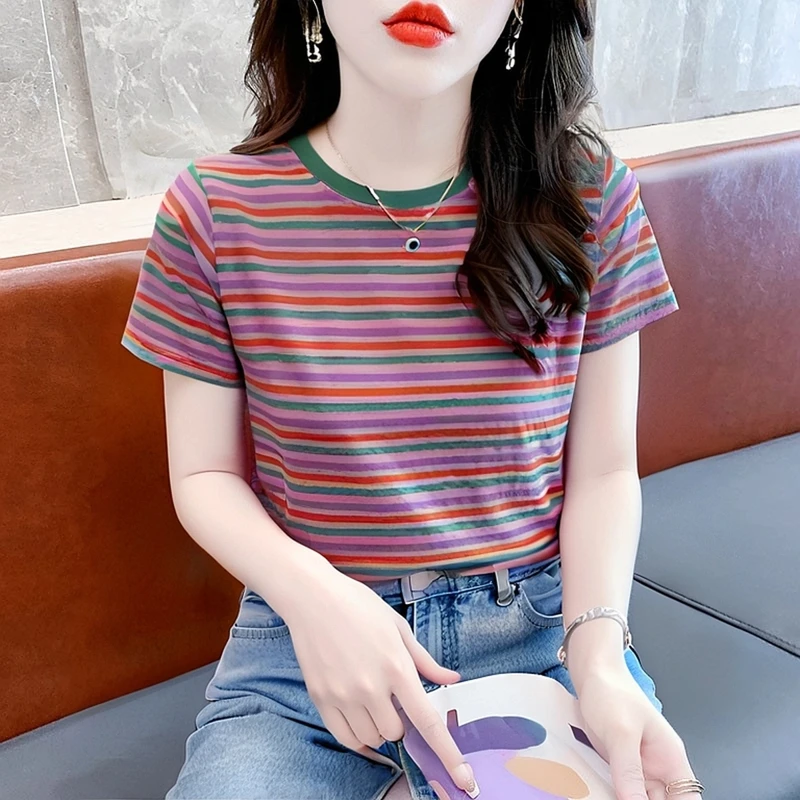 韩版宽松撞色彩虹条纹短袖女士t恤2025新款夏季圆领显瘦上衣潮ins