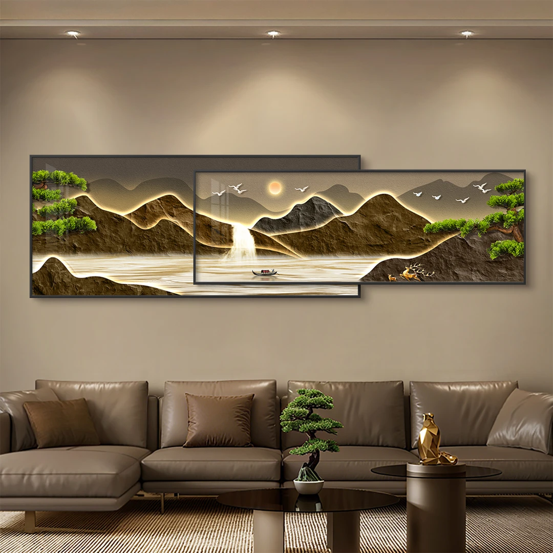 流水生财客厅装饰画高级感山水画沙发背景墙挂画聚宝盆叠加壁画