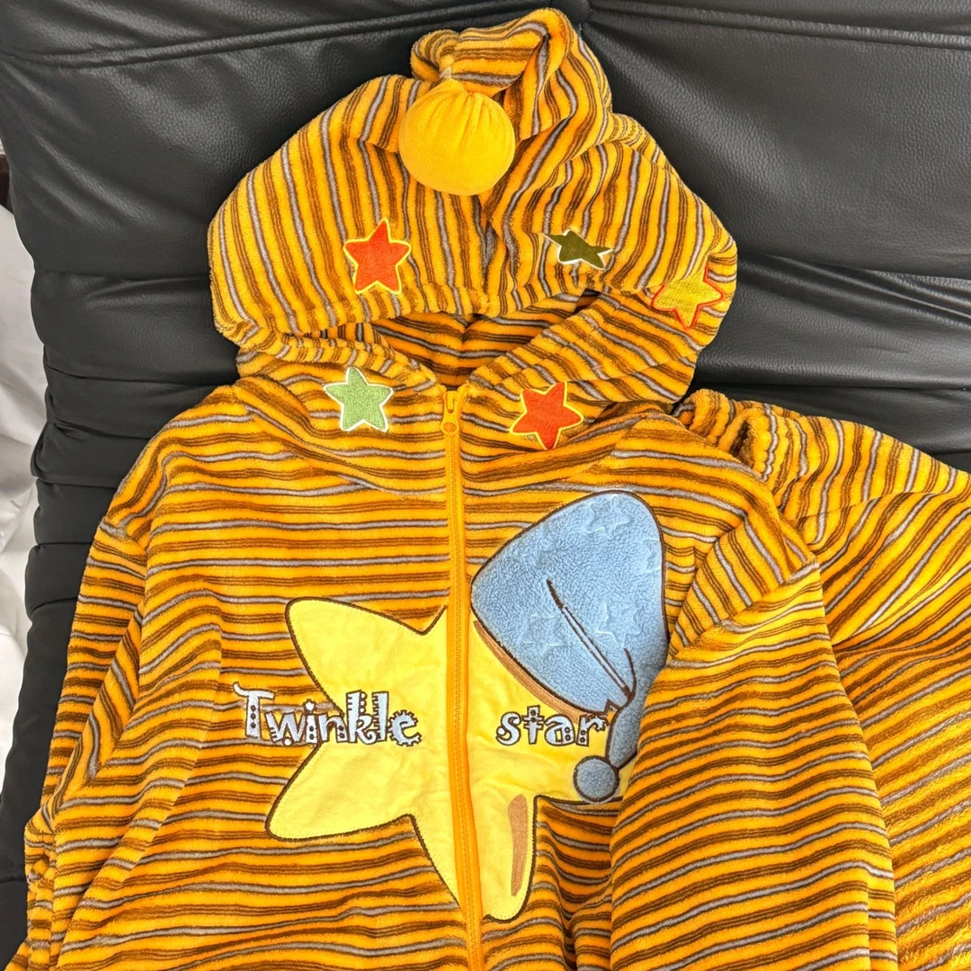 复古星星连帽睡衣女秋冬拉链款加绒加厚法兰绒家居服套装可外穿