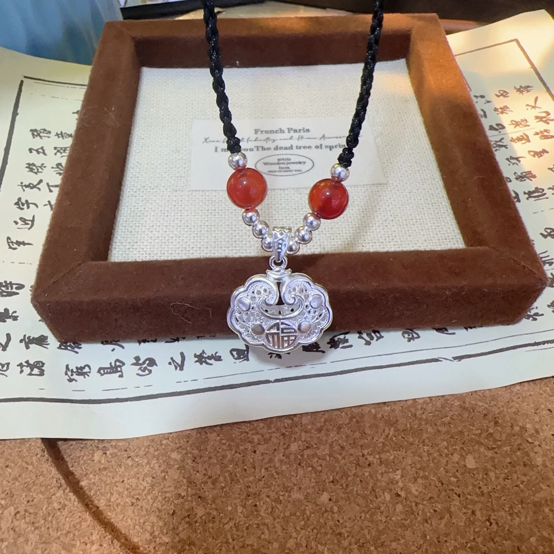 吊坠足银 足银999福字镂空锁长命锁吊坠宝宝满月项链女友生日礼物