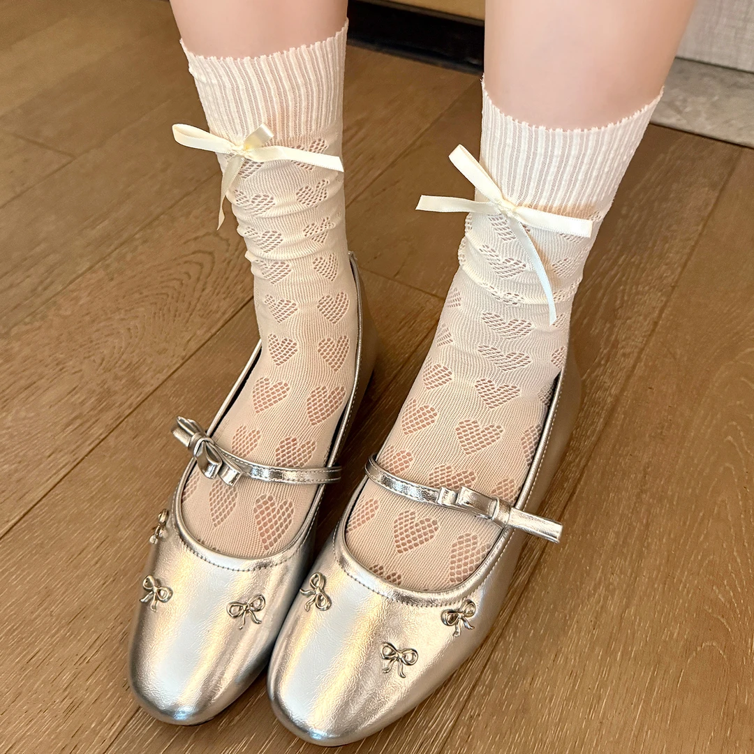 袜子女夏季薄款中筒袜网眼透气女款蕾丝蝴蝶结白色堆堆袜JK洛丽塔