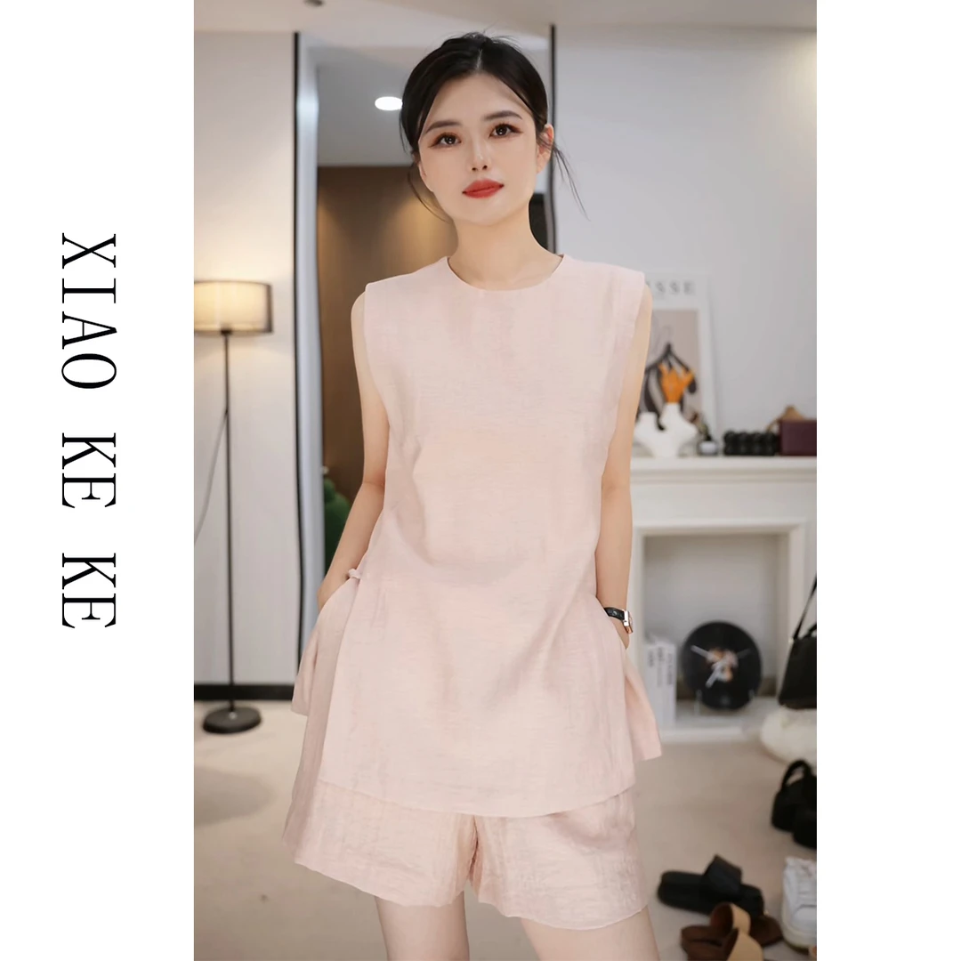 亚麻套装女2025夏季圆领无袖马甲短裤两件套女