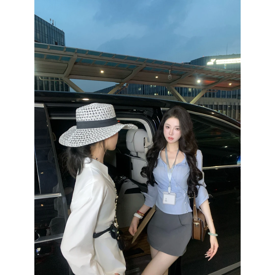 【雅乔定制】明洞丽人 不规则斜襟蓝色条纹长袖衬衫DYLL-25076386