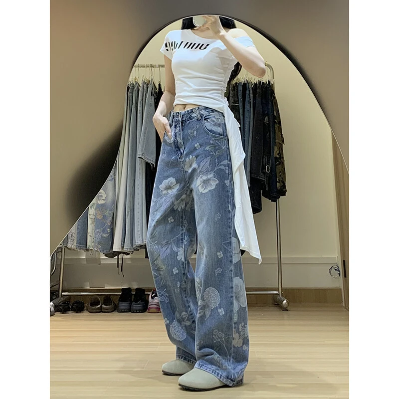复古高街水洗花卉牛仔裤女2025夏季新款休闲百搭宽松显瘦阔腿长裤