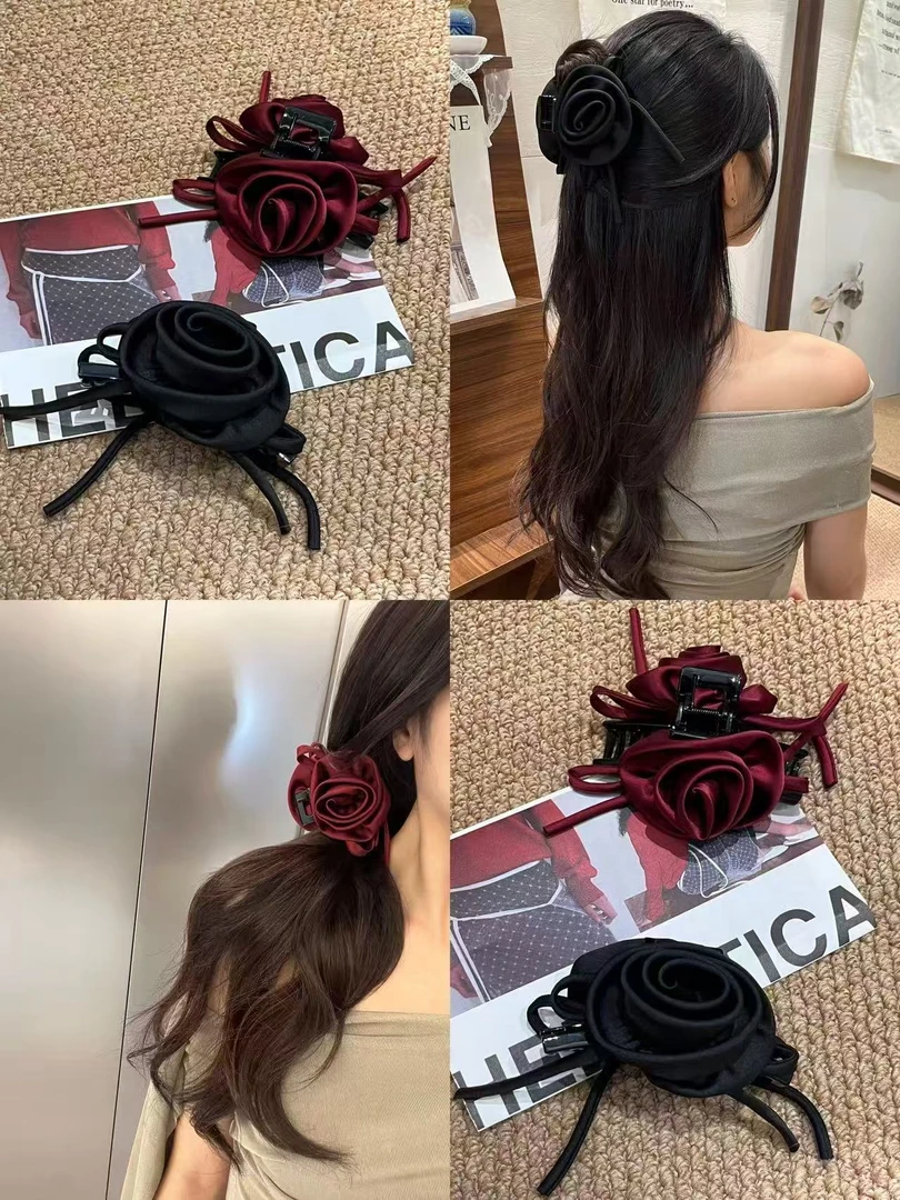 【丝韵玫瑰抓夹11公分】新款黑色玫瑰花抓夹甜美气质高级感鲨鱼夹
