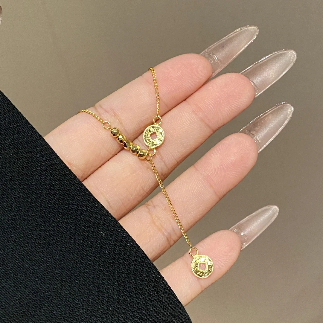 坠链均925银 925银 设计小众精致百搭简约碎冰冰小铜钱项链A3462