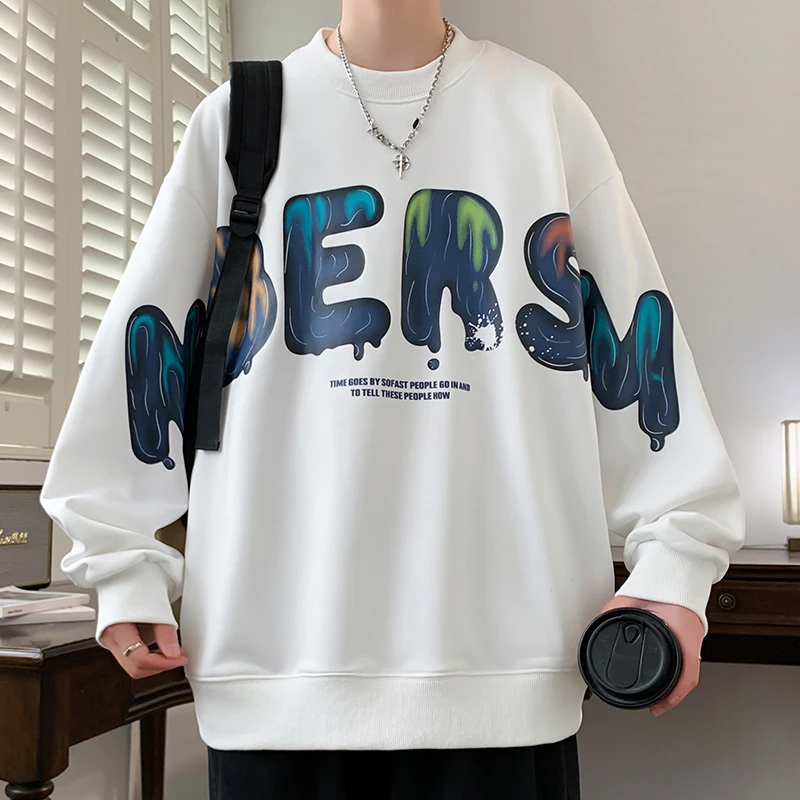 春季新款印花男士卫衣港风时尚潮流百搭青少年学生宽松长袖T恤男