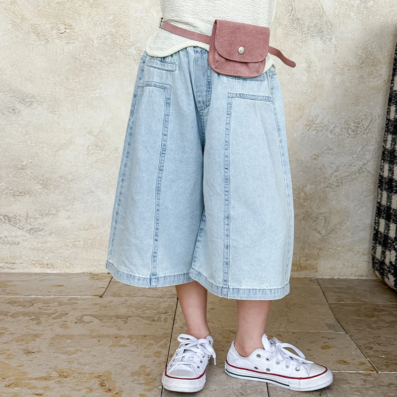 7家女童裤子夏薄款2025新款儿童洋气休闲牛仔阔腿裤宝宝七分裤