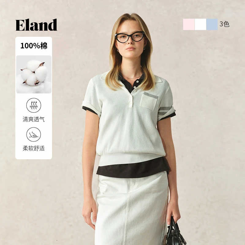 Eland衣恋百搭学院风袖口撞色夹条polo领针织T恤女夏季EEKWF25T71