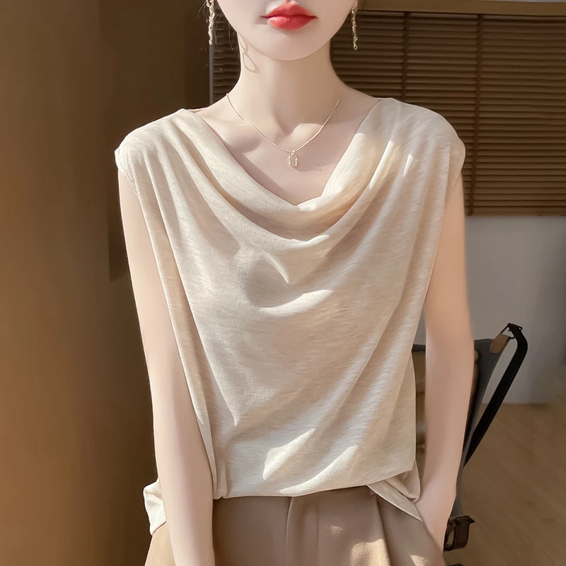 太漂亮啦！设计感一字肩荡领无袖T恤女夏季新款气质上衣薄款背心