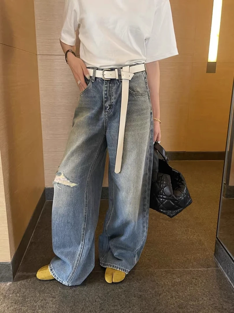 灰灰呀！60602 写上你的名字！配腰带！欧货 高腰破洞阔腿牛仔裤