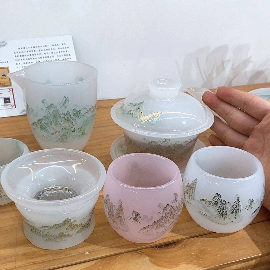 琉璃手工艺品千里江山 盖碗 公杯 茶漏 主人杯2