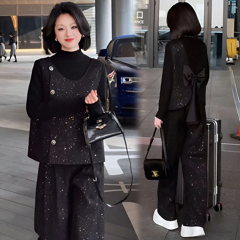 满天星休闲马甲套装春秋气质马夹背心宽松阔腿裤三件套网红小香风