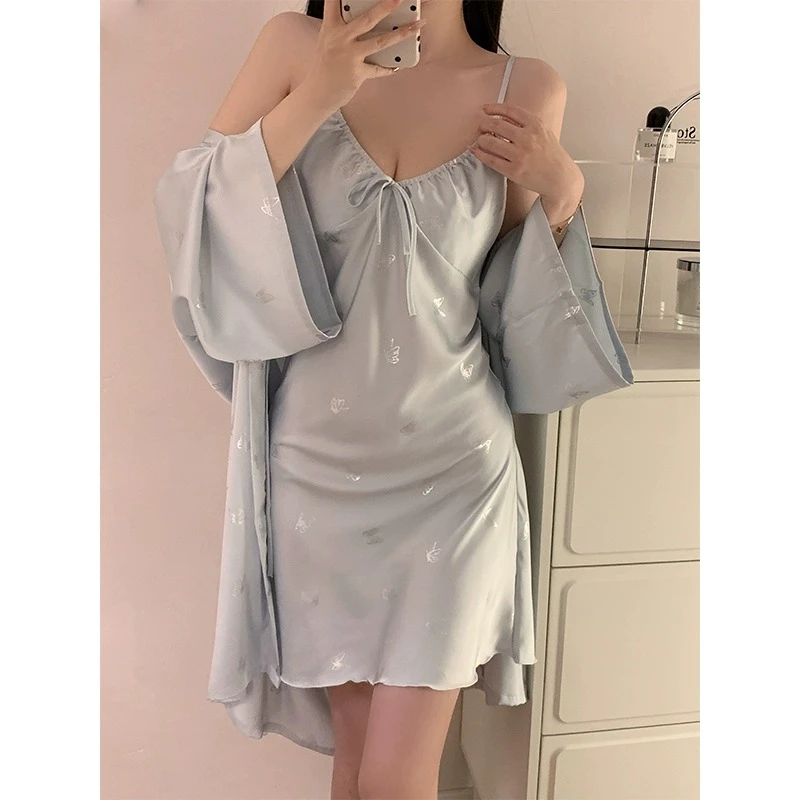 蓝色蝴蝶性感吊带睡裙女款夏季冰丝凉感睡衣高级感丝绸睡袍两件套