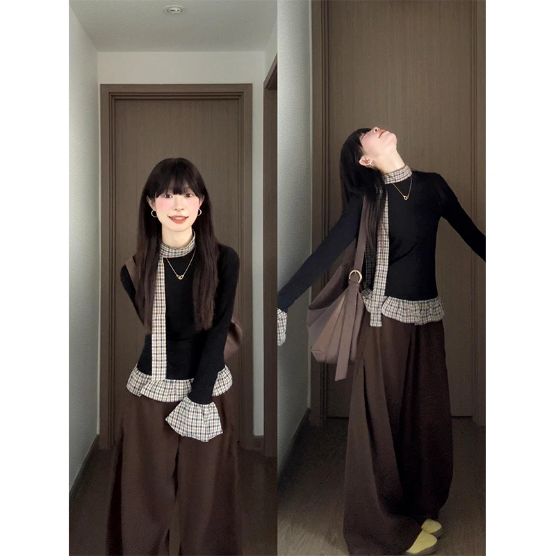 MARIE.COCO秋季新款假两件拼接长袖T恤上衣高腰阔腿休闲裤套装女