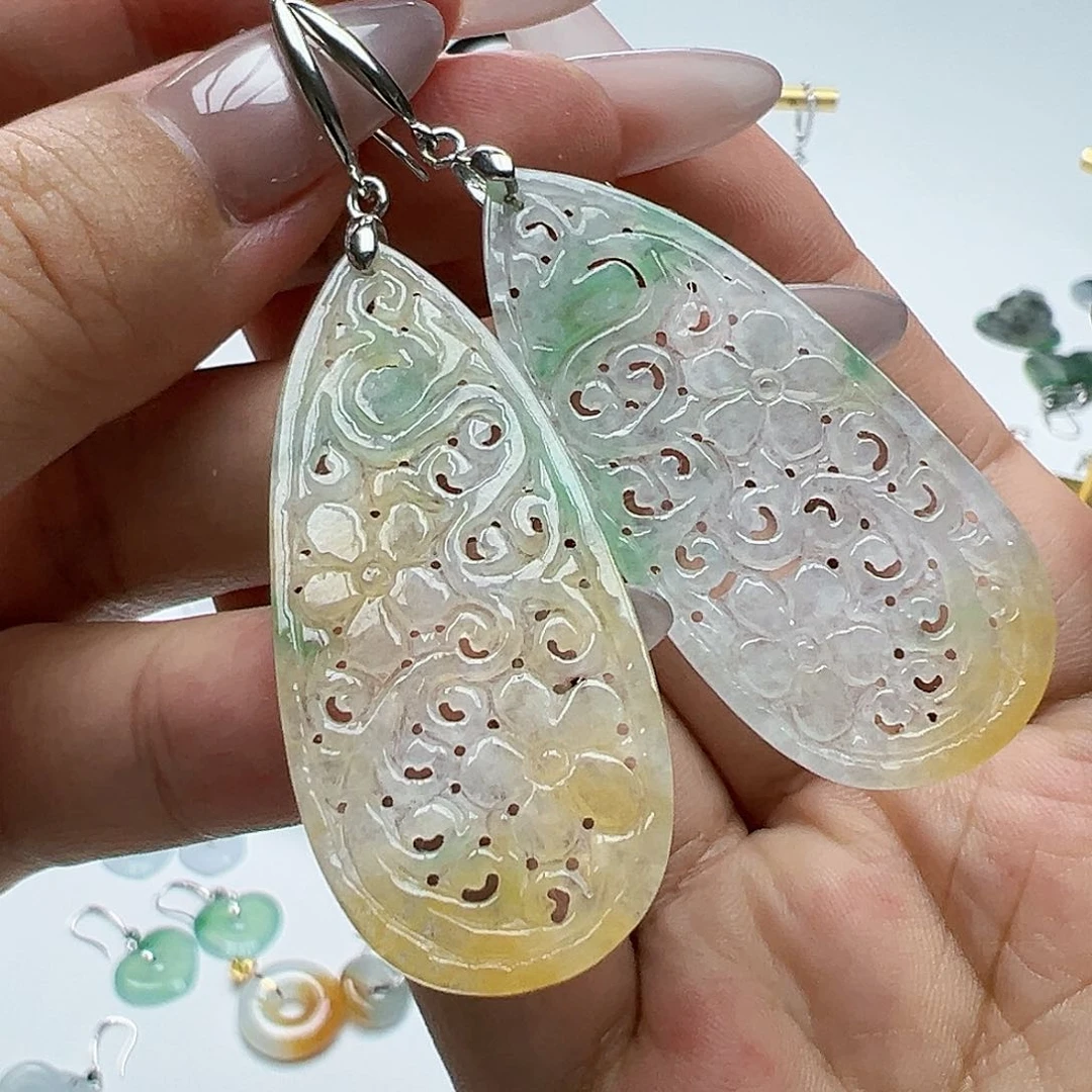 银S925镶嵌翡翠耳饰正*红天然缅甸A货翡翠