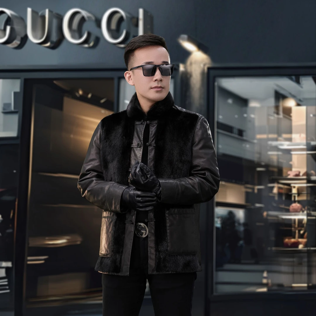 进口紫金短二水貂皮男整貂赫本山羊皮国风男装冬季鹅绒服