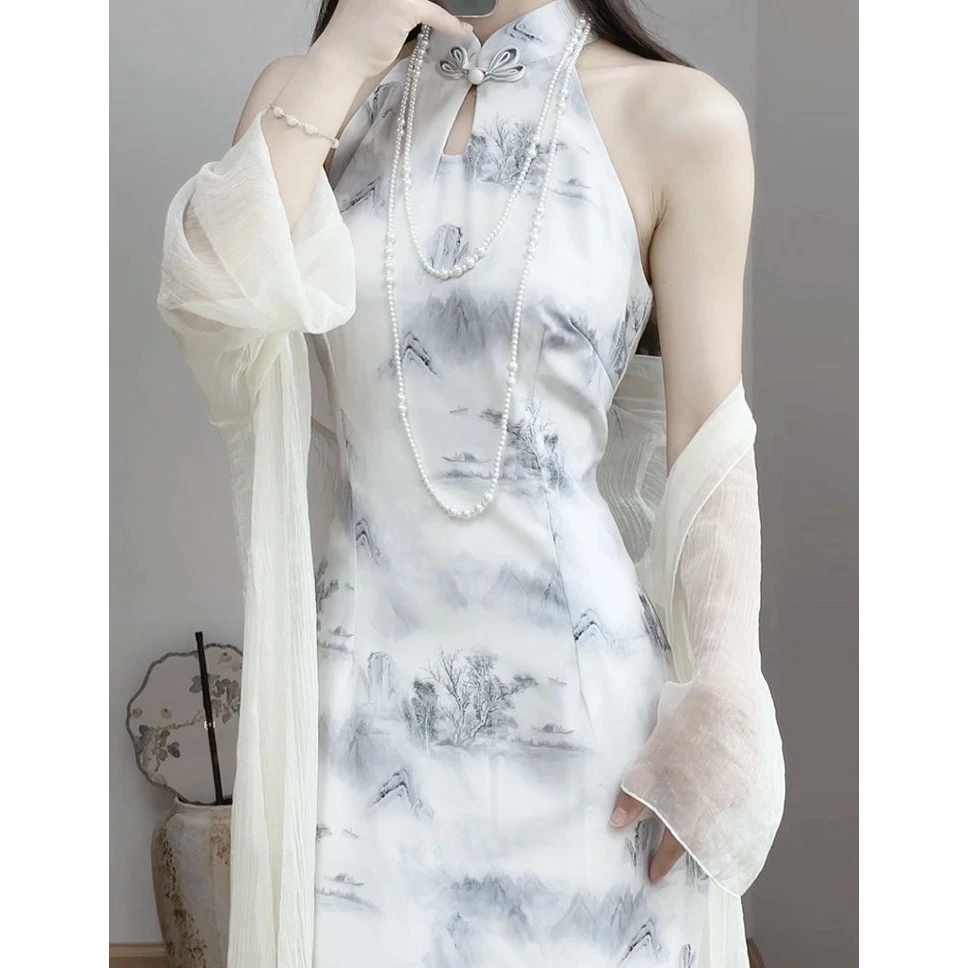 小清新旗袍2024新款改良国风夏季年轻款日常新中式挂脖少女连衣裙