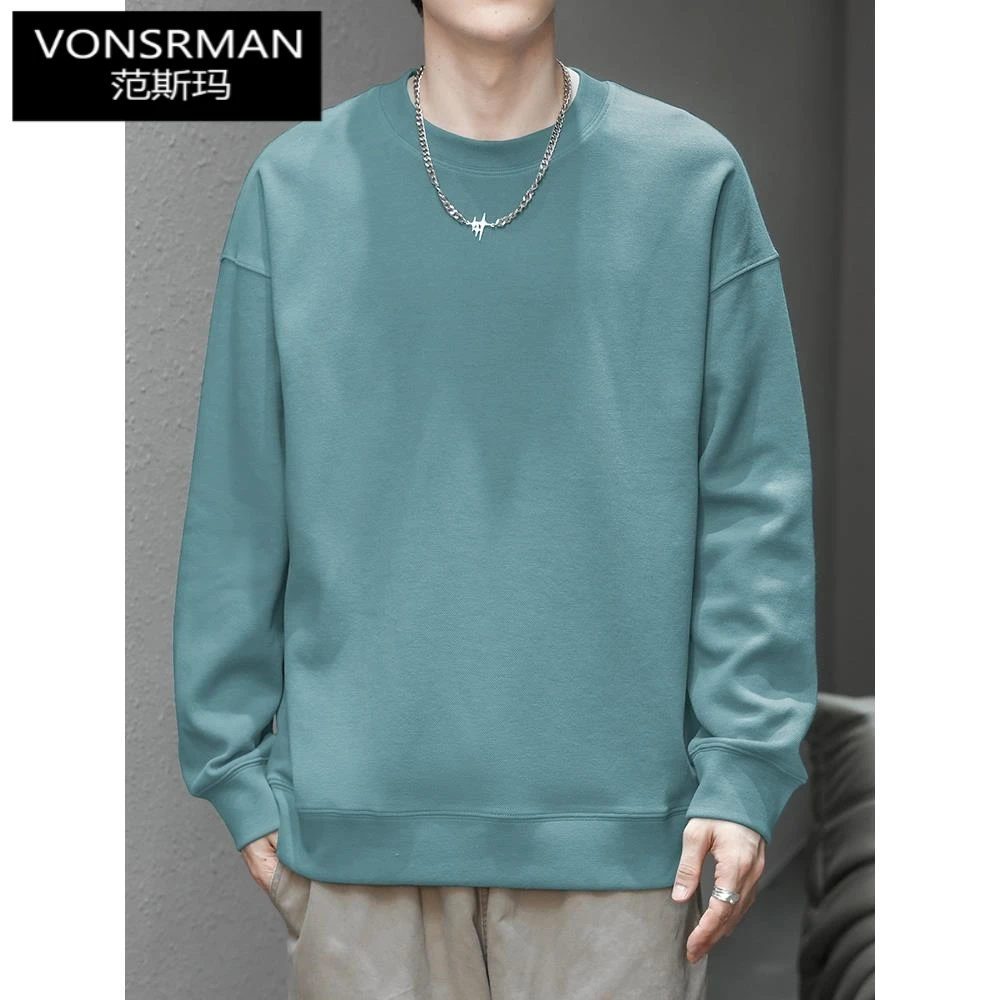 时尚卫衣男2025新款圆领套头无帽长袖t恤美式宽松纯色上衣服百搭