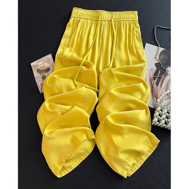 黄色铜氨丝阔腿裤女夏季2025新款冰丝薄款凉凉裤高级感拖地直筒裤