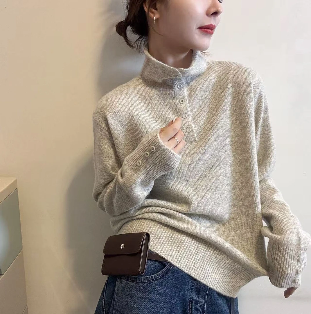 欧洲站2025秋冬半高领排扣套头百搭长袖纯色针织衫气质毛衣女上衣