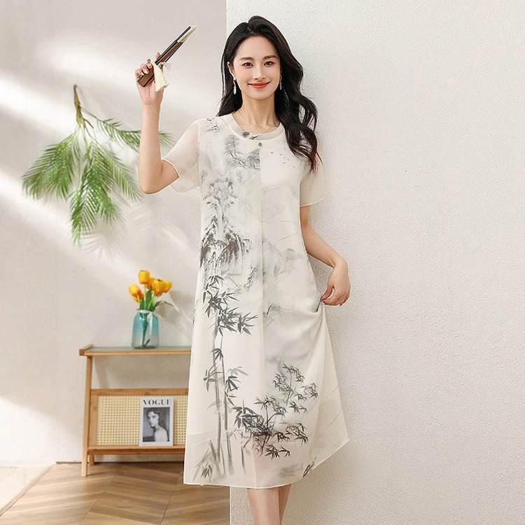 2025夏新款中国风女装复古印花改良旗袍大码显瘦连衣裙禅茶服