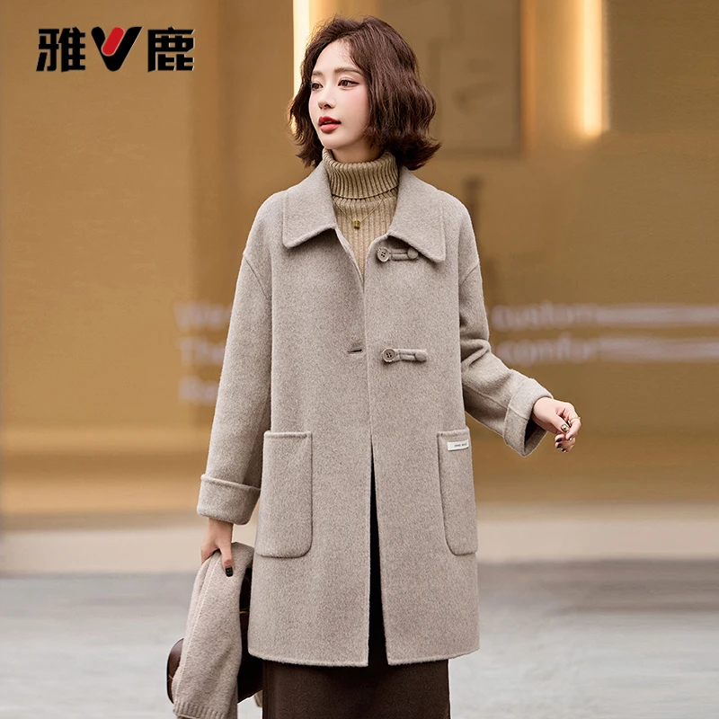 雅鹿优选高档妈妈秋装高端妈妈双面绒羊毛大衣中中老年女装妈妈装