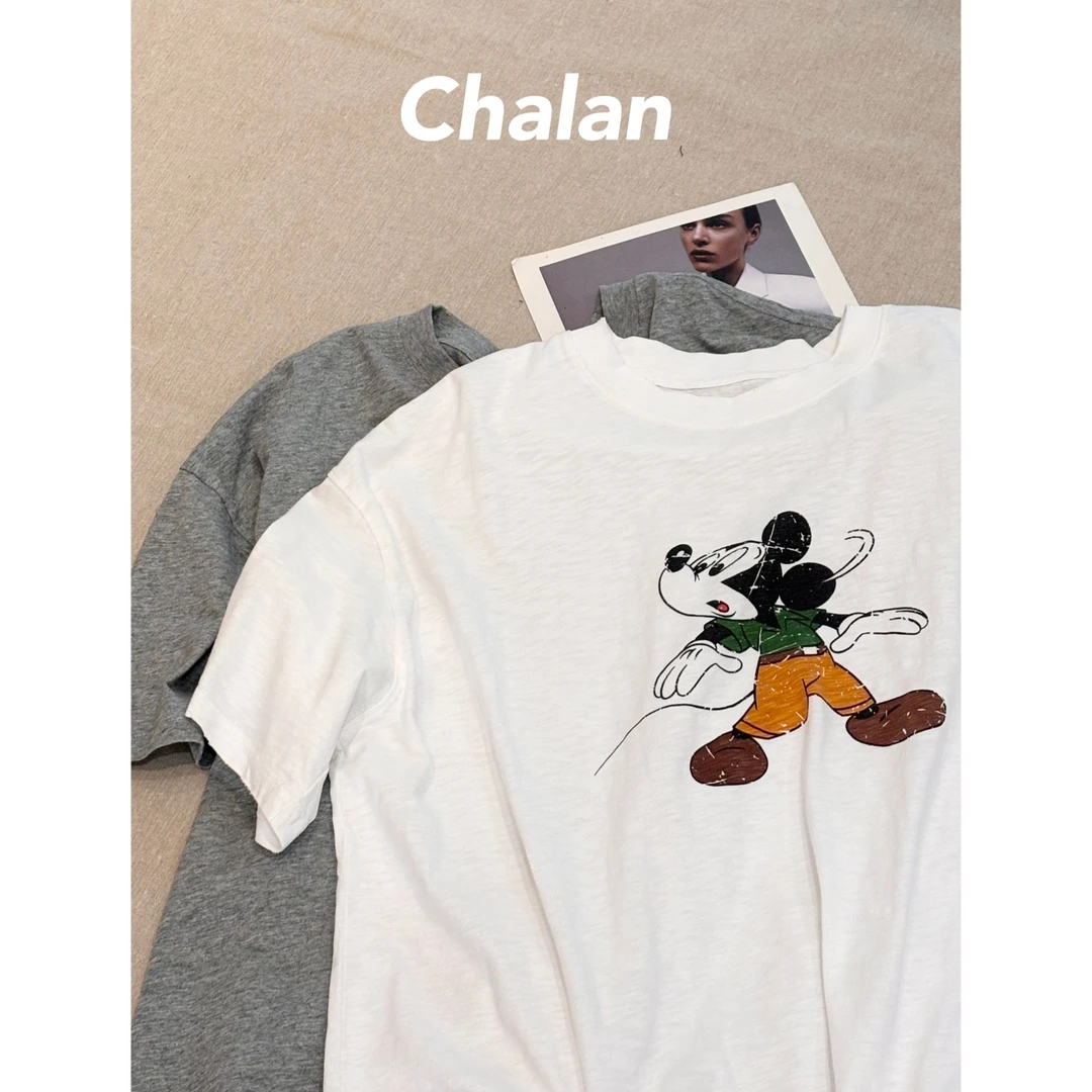 chalan 春日设计款米老鼠短袖长T H26X0126（可搭瑜伽裤）