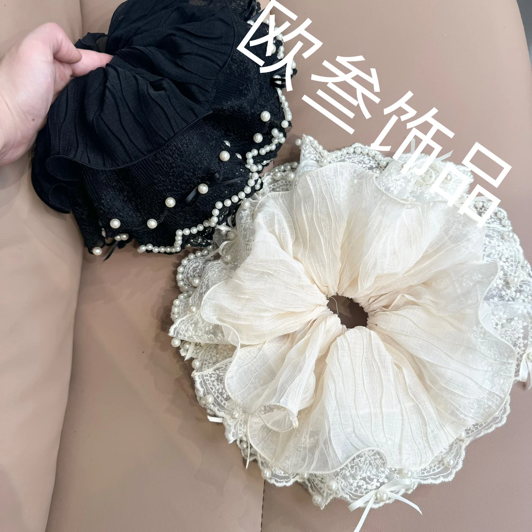 dcq735超大版褶皱纱蕾丝单圈大肠圈发饰高级百搭精致纯手工发饰