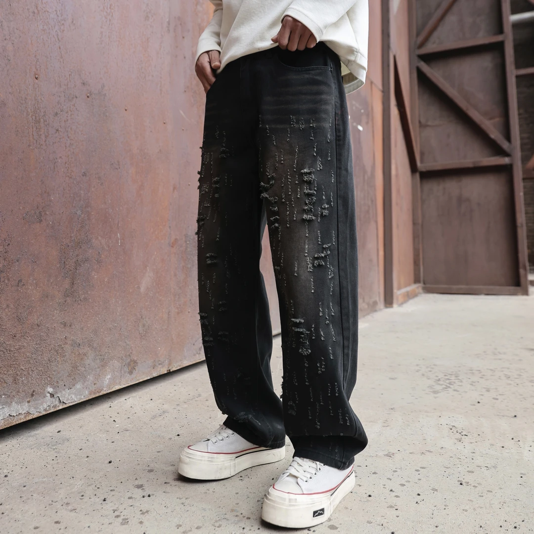 美式高街复古破洞休闲牛仔裤潮男宽松百搭直筒男士时尚个性裤子男